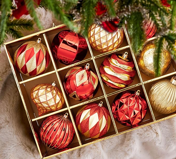 Hollyone 4 Inch Red and Gold Christmas Ornaments 12Pcs Christmas Tree Ornaments Balls Colored Shatterproof Christmas Ornaments for Xmas Tree Decor Holiday Party Wreath Home Decor (Red & Gold, 100mm)