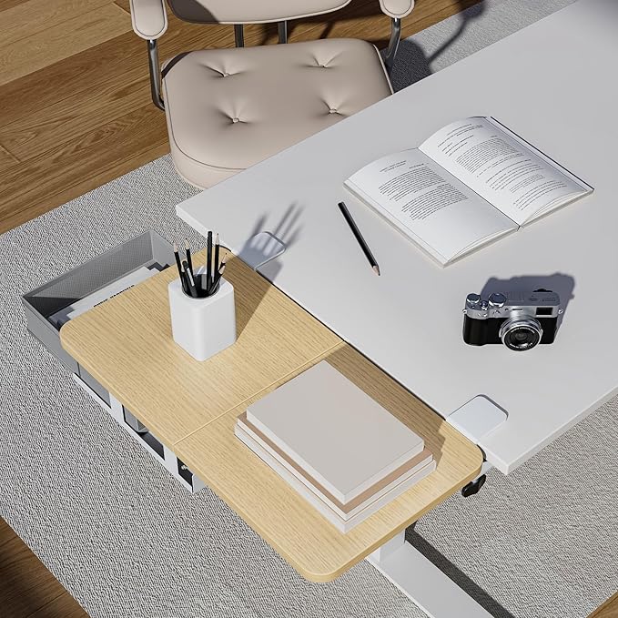 Desk Extender Tray, 24" x 12" Clamp On Desk Shelf, Desk Extension with Storage Drawer, Table Desk Arm Rest, Clamp On Keyboard Tray for Office and Home, Workstation Organizer, Medium, Wood