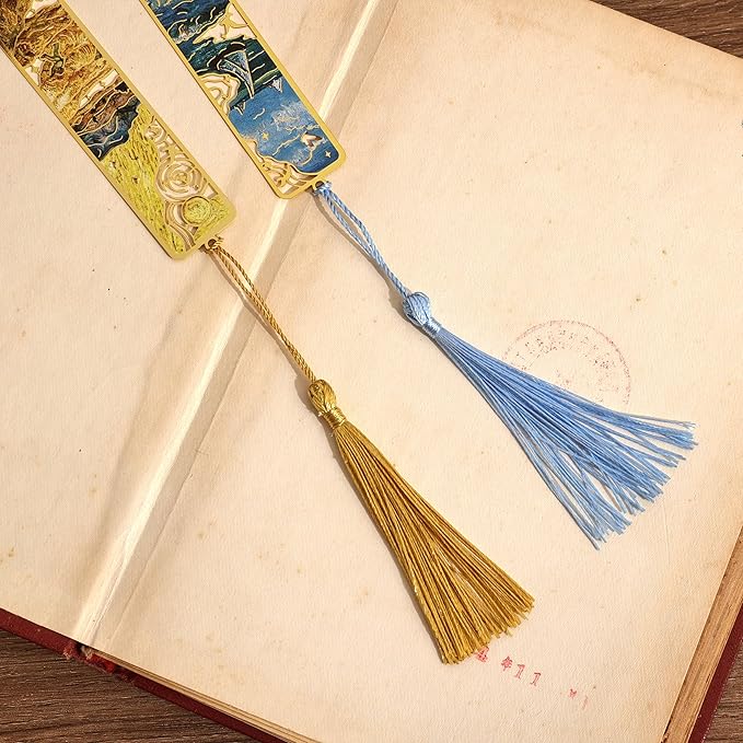 4 Pieces Metal Bookmarks with Tassel, Golden Hollow Bookmark Oil Painting Theme Book Mark Bookmarks for Book Lovers Writers Readers Children Teens for Women Adults Teen