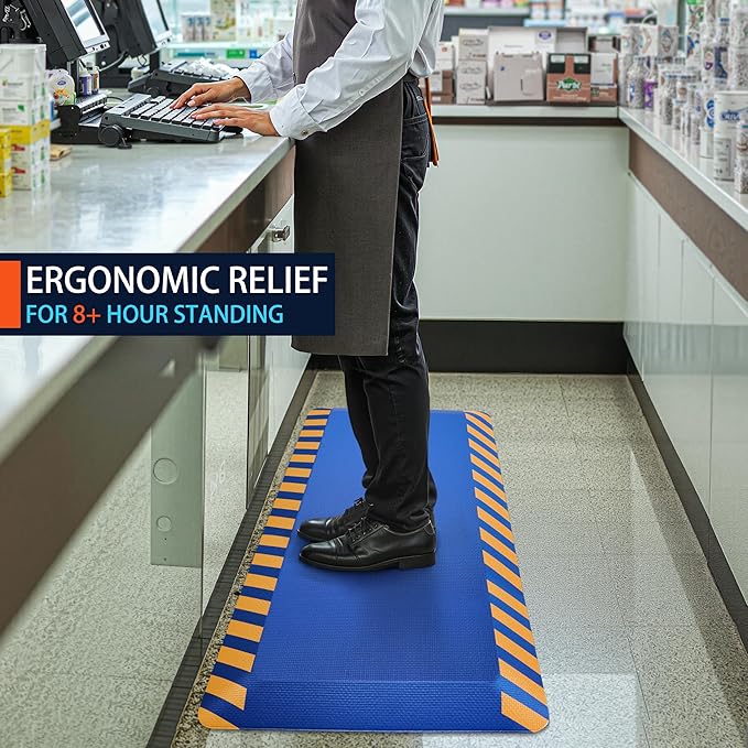 FEATOL Anti Fatigue Mat Industrial, Ergonomic Standing Floor Mat for Work for Stand, Blue with Yellow Border Safety 20" x 59"-Support for Leg & Back Pain