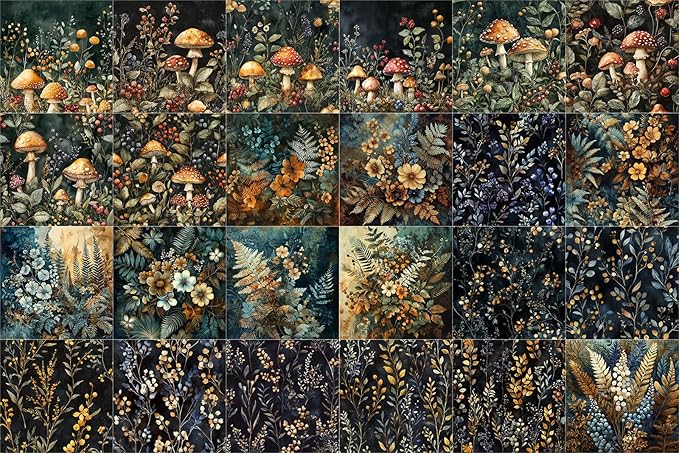 FLONZ Scrapbook Paper (24 sheets 6"x6") Nocturne Forest Botanicals ~ Moody forest compositions with mushrooms, berries and wildflowers rendered in painterly vintage style with deep shadows golden