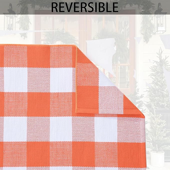 Orange and White Plaid Rug, 28'' x 43'' Fall Front Door Decor Mat, Cotton Washable Hand-Woven Door mat for Layered Doormat, Autumn Halloween Thanksgiving Carpet for Porch, Entryway