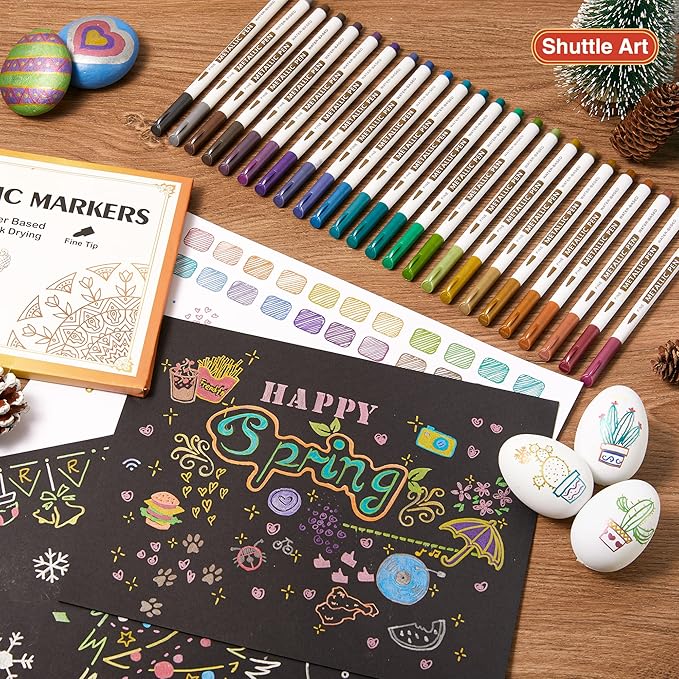 Shuttle Art Metallic Marker Pens, 24 Colors Metallic Paint Markers Fine Point for DIY Card, Calligraphy, Art and Crafting Projects, Works Great on Black Paper, Scrapbooks, Fabric, Rock.