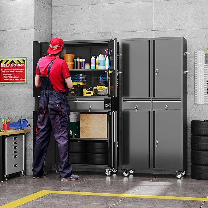 Aobabo Garage Storage Cabinet with Wheels, Metal Tool Storage Cabinet with 2 Drawers for Garage Home,Assembly Required,Black