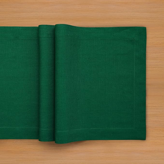 Solino Home Linen Table Runner 36 Inches - 100% Pure Linen Christmas Green Table Runner 14 x 36 Inch Ideal for Dresser and Coffee Tables - Thanksgiving - Fete