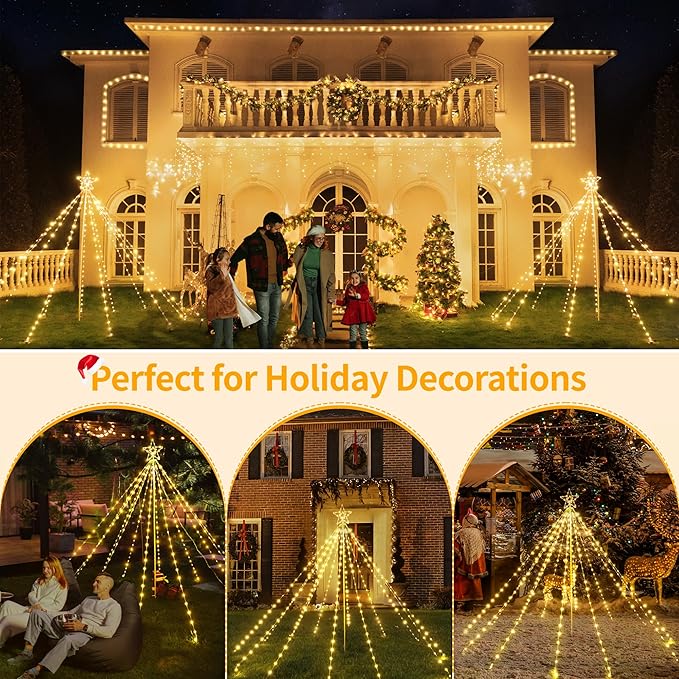 Ollny Christmas Lights Tree 340LED with Topper Star, IP67 Waterproof Remote Control Waterfall Lights with Pole, 16 Modes 3 Timers Dimmable Light Decorations for Outdoor Yard Garden Lawn(Warm White)