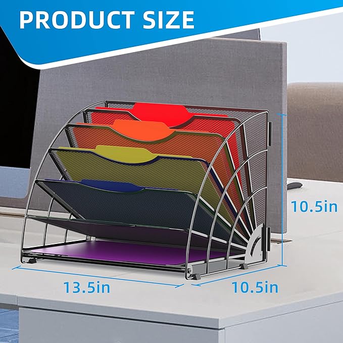 SUPEASY Fan Shaped Desk File Organizer, 6 Compartments for Filing Paper Bills, Letters, Desk Accessories for Workspace, School, Office, Waiting Room, Classroom Storage, Black