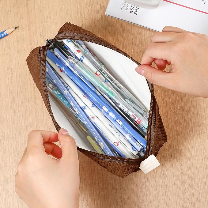 Pencil Bag Pen Case, Soft Corduroy Small Pencil Pouch Organizer with Zipper, Cute Pencil Case Pouch Stationery for Girls and Boys – Brown