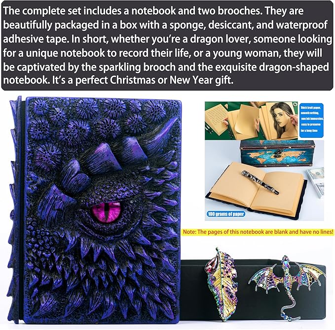 3D Dragon Eye Embossed Journal,Resin Engraving Notebook,Dnd notebook for Dragon Lovers ,Blank Paper,Hardcover Travel Notepad for Writing,Sketchbook,Collection,Gift,Decoration A4 and A5 Size (A5-Dark Purple-two brooches)