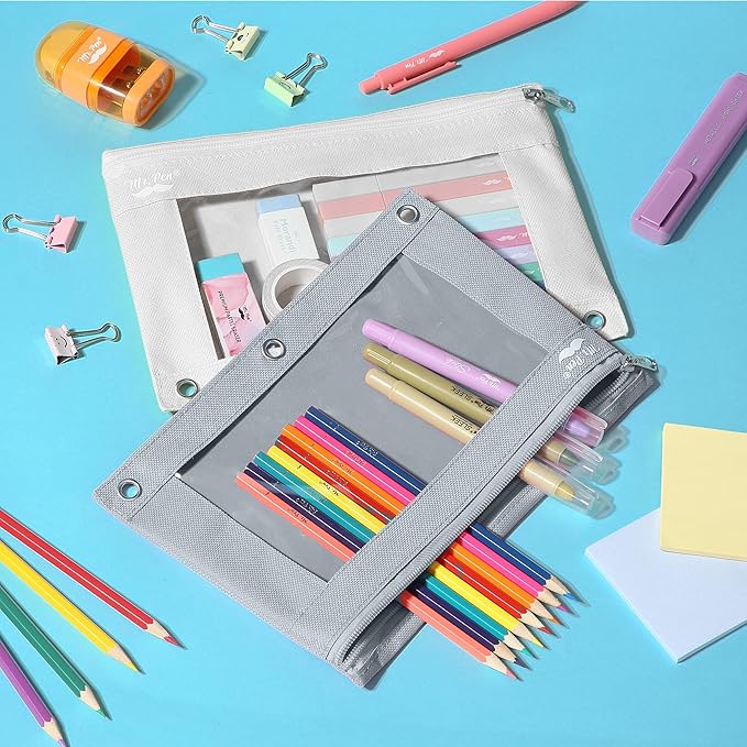 Mr. Pen- Pencil Pouch for 3 Ring Binder, 2 Pack, Grey and Beige, 3 Ring Binder Pencil Pouch