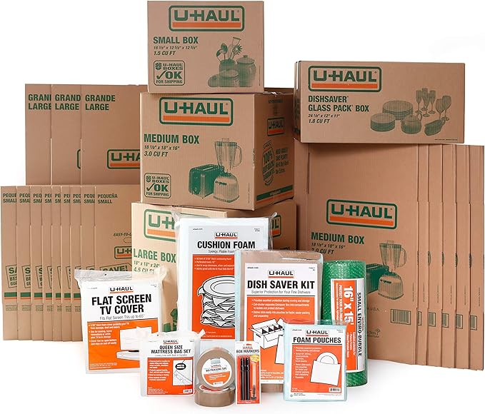 U-Haul Apartment Moving Kit - 21 Boxes, 1 Dish Packing Kit, Foam Pouches, Tape, Mattress Bag, TV Cover, and Other Assorted Packing Supplies