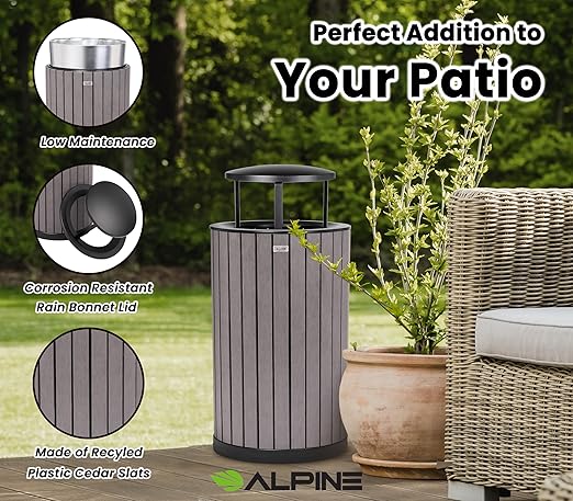 Alpine 32 Gallon Commercial Outdoor Trash Can - Heavy Duty Garbage Can Outdoor, Industrial Trash Can with Plastic Panels for Patio, Parks, Trails & Resorts (Rain Bonnet Lid - Grey)