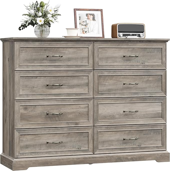 8 Drawer Dresser for Bedroom, 53" Wide Wooden Chest of Drawers, Rustic Farmhouse Dresser with Large Drawers & Metal Handles, Modern Storage Organizer for Closet, Living Room, Hallway, Grey