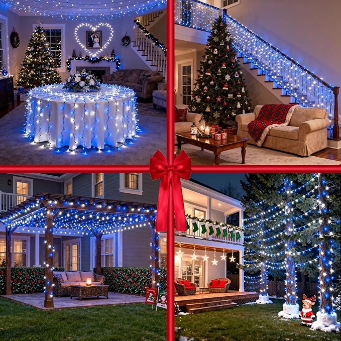1500 LED Christmas Lights Outdoor with 12 Modes, 470FT Green Wire Christmas String Fairy Lights with Timer & Dimmable, Waterproof Twinkle Tree Lights for House Party Wedding Xmas Decor, Blue & White