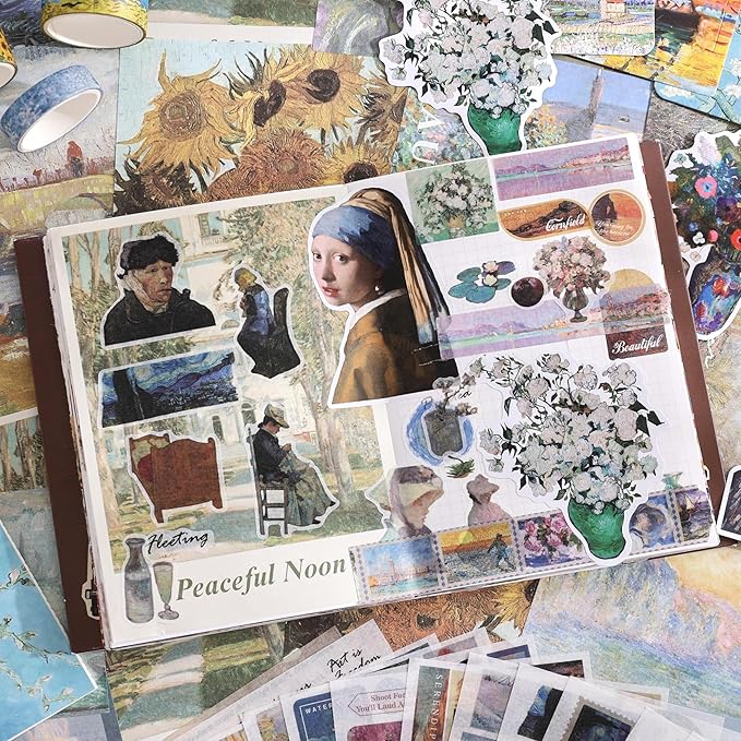 Scrapbooking Supplies Kit, Monet Van Gogh Oil Painting Theme Scrapbook Kit for Bullet Junk Journal, 12 Rolls Washi Tape, Stickers Papers for DIY Journaling Supplies, Craft Gift for Girl Kid Women