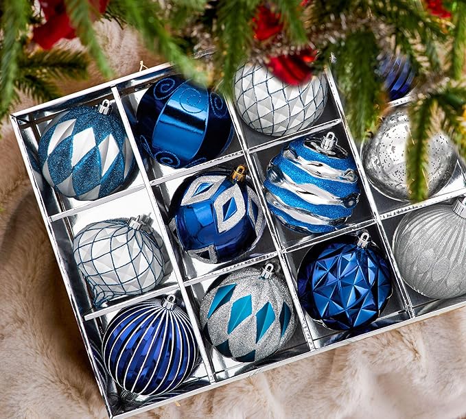 Hollyone 4 Inch Blue & Silver Christmas Ornaments - 12 Pcs Shatterproof Tree Balls for Xmas Tree Decor & Holiday Party Wreath Home Decor