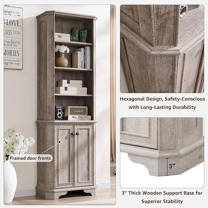 T4TREAM 6-Tier Bookshelf with Storage, 72" Tall Farmhouse Bookcase with Doors and Adjustable Shelves, Wooden Floor Standing Display Book Shelf Organizer for Home Office, Light Rustic Oak