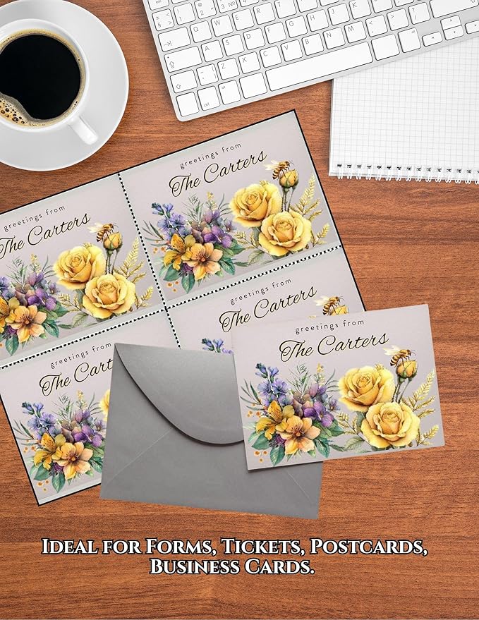 Limited Papers (TM) 8.5x11 Perforated Paper, 20/50 Pound, 75 GSM, Variety of Perforation Sizes and Colors, for Forms, Tickets, Postcards, Business Cards. (Lavender/orchid, 4 up – 1 Hor. & 1 Ver.)