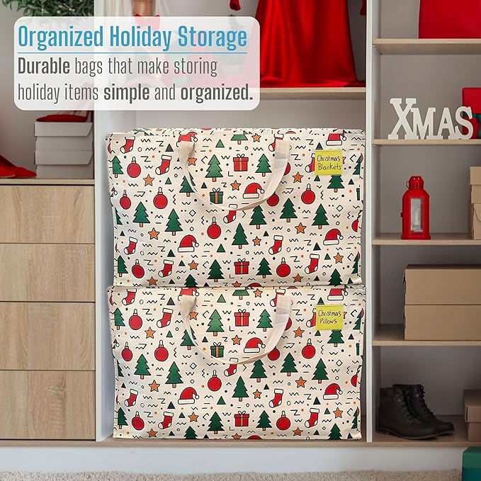 VENO 4 Pack Moving Bags and Large Christmas Decoration Storage Bins with lids. Alternative to Moving Boxes, Packing Supplies for College. Heavy Duty Totes (Jingle Mix, 4 Pack)