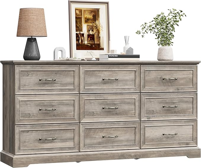 9 Drawer Dresser for Bedroom, 63" Wide Wooden Chest of Drawers, Rustic Farmhouse Dresser with Large Drawers & Metal Handles, Modern Storage Organizer for Closet, Living Room, Hallway, Grey