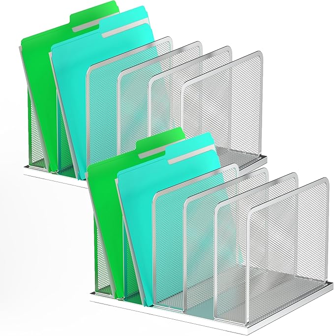 Kuntine.B Desk File Organizer Upright Mesh Desktop Organizer File Sorter Office Organization File Holder for Home, Office & Classroom (Silver, 2 Pack 5-Section)