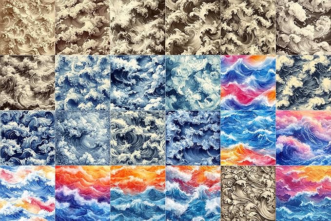 FLONZ Scrapbook Paper (24 sheets 6"x6") Surging Wave Motifs ~ Dynamic ocean wave compositions in digital painting and traditional ink style with rich textures and stylized motion