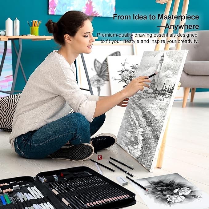 Kird Barken 112 PCS Professional Drawing Set – Sketch Kit with Graphite & Charcoal Pencils, 3-Color Sketchbook, Art Supplies for Shading & Blending – Ideal for Artists, Adults, Teens & Beginners