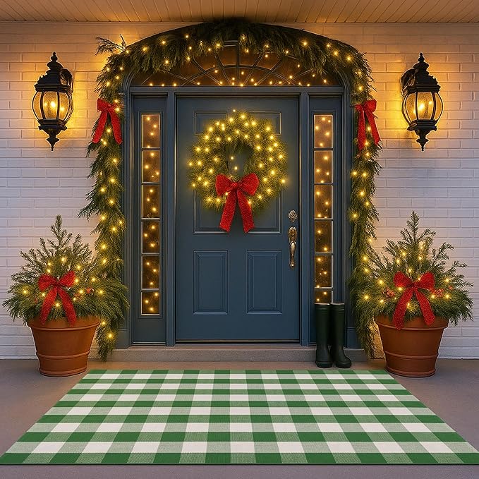 Christmas Green & White Plaid Rug - 4' x 6' Outdoor Front Door Decor Mat Cotton Washable Hand-Woven Rug Christmas New Year Holiday Porch Entryway Layered Doormat