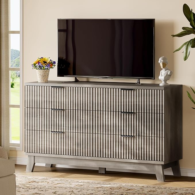 Fluted Dresser with 6 Drawers, 54" Wide Modern Chest of Drawers with Metal Handle, Wooden Dresser TV Stand, Wood Closet Clothes Storage Organizer for Bedroom, Living Room, Hallway, Light Grey