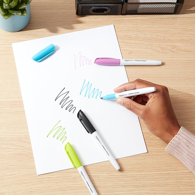 Amazon Basics Fine Tip Point Permanent Markers for Office, School, and Home Use, Assorted Colors, 24 Pack