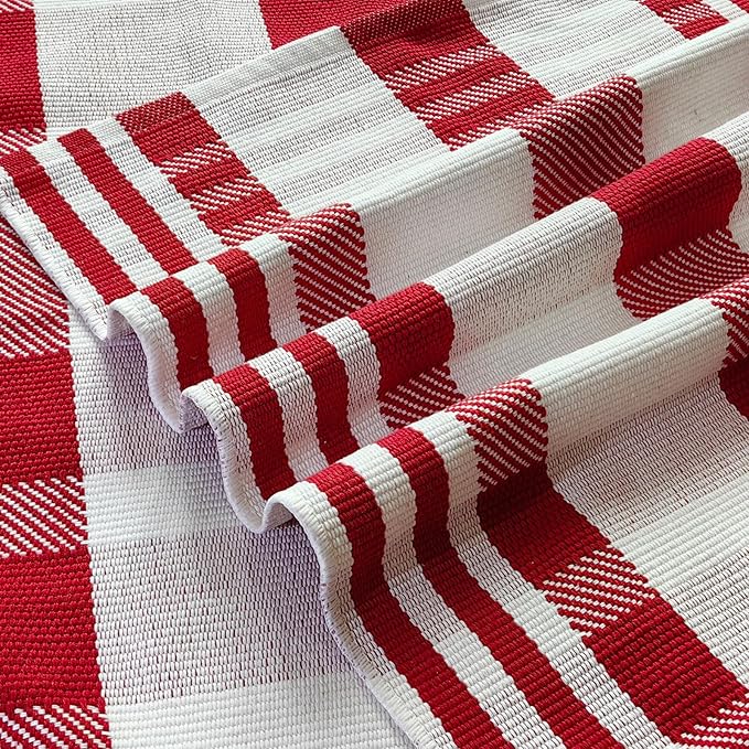 Christmas Door Mat Outdoor 27.5β x 43β Red and White Plaid Rug Christmas Decor Rug Cotton Hand-Woven Layered Door Mats Washable Carpet for Front Porch, Kitchen, Farmhouse, Entryway (27.5β x 43β)