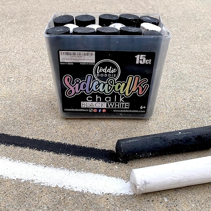 Loddie Doddie Sidewalk Chalk Jumbo Sticks - 15 Count Bucket, 10 Black & 5 White - Non-Toxic Low-Dust Sticks For Kids & Adults - Outdoor Chalk Bucket For Kids Activities