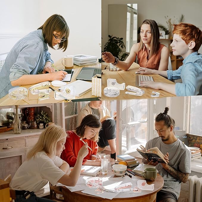 Office Desk Accessories, Acrylic Stapler, Staple Remover, Tape Holder, Pen Holder, Ballpoint Pen, Scissor, Binder Clips, 1000pcs Staples, Phone Holder, Ruler, Transparent Glue and 300 Notes