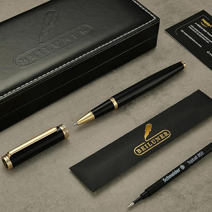 BEILUNER Black Personalized Pen,Stunning Luxury Lacquer With 24K Gold,Schneider Ink Refills,Multiple Fonts To Custom Rollerball,Gift Pen For Men & Women,Executive,Graduation,Christmas,Nice Pens