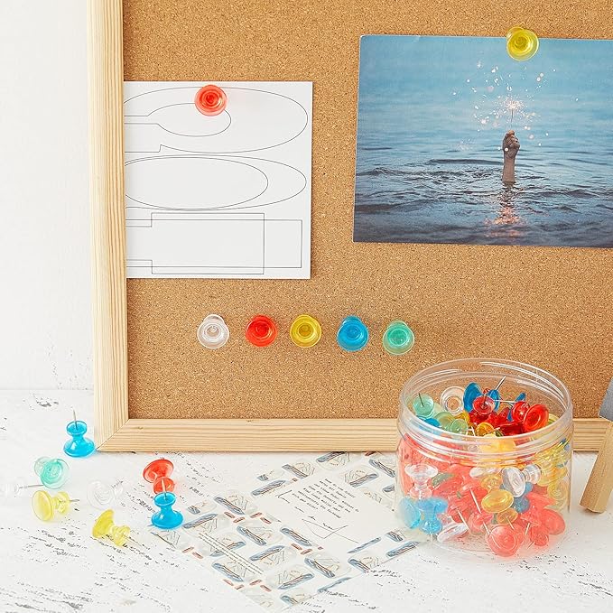 Outus 100 Pcs Giant Push Pins Large Thumb Tacks Plastic Heads 1 Inch Jumbo Push Pins for Cork Board Map Posters Office School(Red, Yellow, Blue, Green, Transparent)