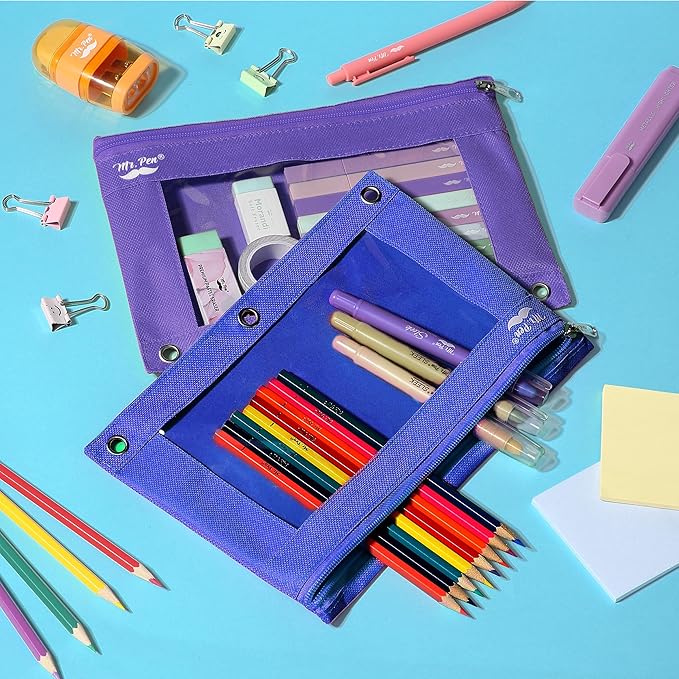 Mr. Pen- Pencil Pouch for 3 Ring Binder, 2 Pack, Blue and Purple, 3 Ring Binder Pencil Pouch