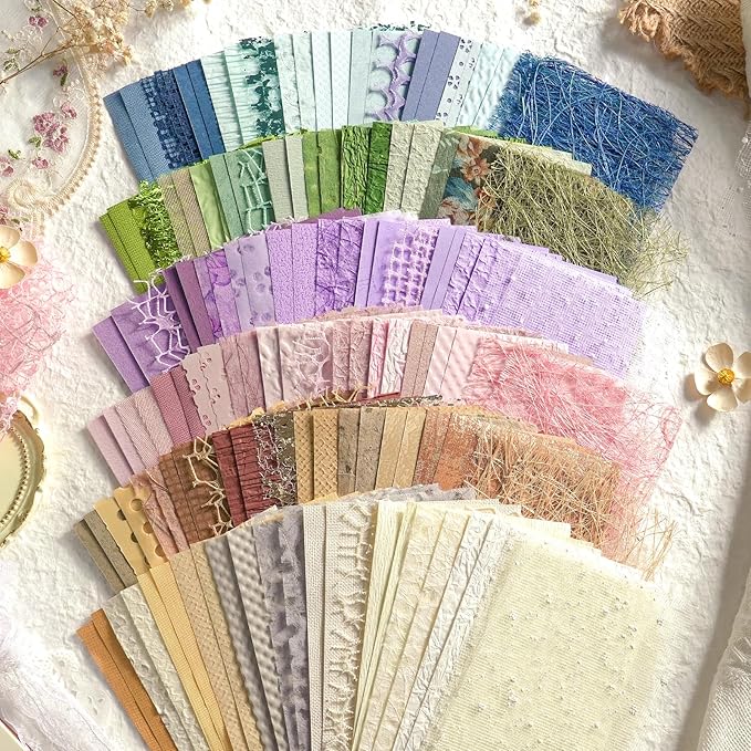 144 Sheets Textured Scrapbook Paper and Mesh Fabric Set - 6 Pack Assorted Mixed Special Paper for Scrapbooking Planner Bullet Junk Journal Supplies Media Collage Card Embellishments 3.9x5.5 Inch