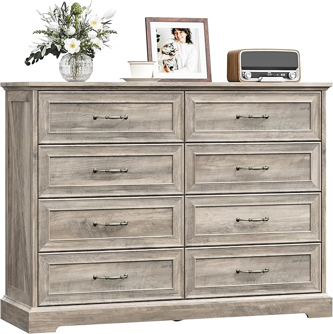 8 Drawer Dresser for Bedroom, 47" Wide Wooden Chest of Drawers, Rustic Farmhouse Dresser with Large Drawers & Metal Handles, Modern Storage Organizer for Closet, Living Room, Hallway, Grey