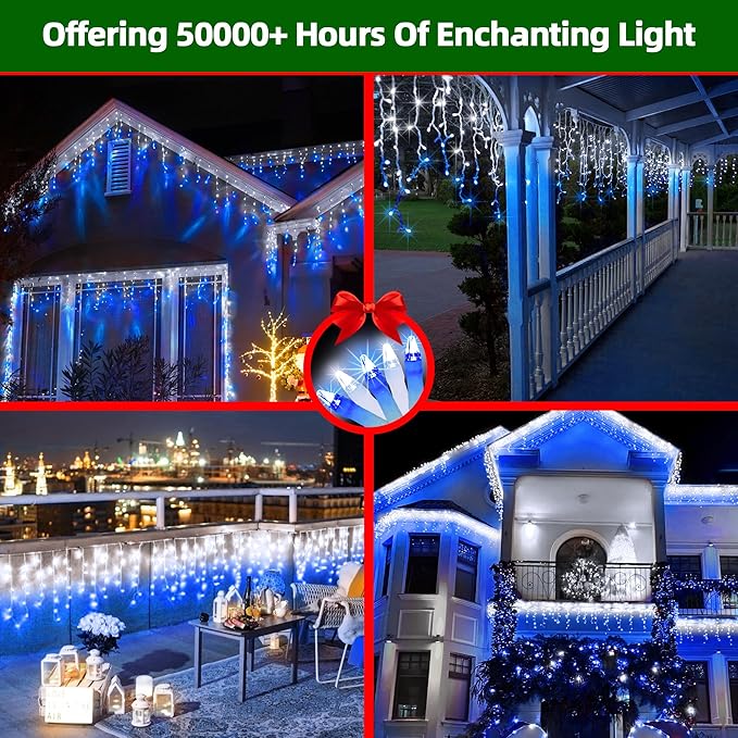 1332 LED Christmas Lights with 296 Drops,132ft 12 Modes Hanging ice String Lights with Timer & Dimmable & Waterproof, Plug-in Fairy Lights for Holiday Wedding Party Christmas Decor Blue & CoolWhite