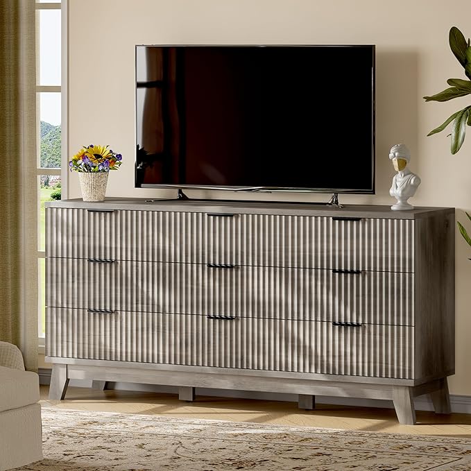 Fluted Dresser with 9 Drawers, 63" Wide Wood Chest of Drawers with Metal Handle, Wooden Dresser TV Stand, Modern Closet Clothes Storage Organizer for Bedroom, Living Room, Hallway, Light Grey