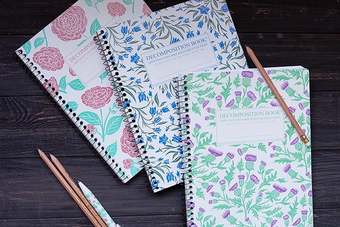 Decomposition 3-Pack Floral College Ruled Spiral Notebook - 9.75 x 7.5 Journal, 160 Lined Pages - 100% Recycled Paper - Notebooks for School Supplies, Home & Office - Made in USA