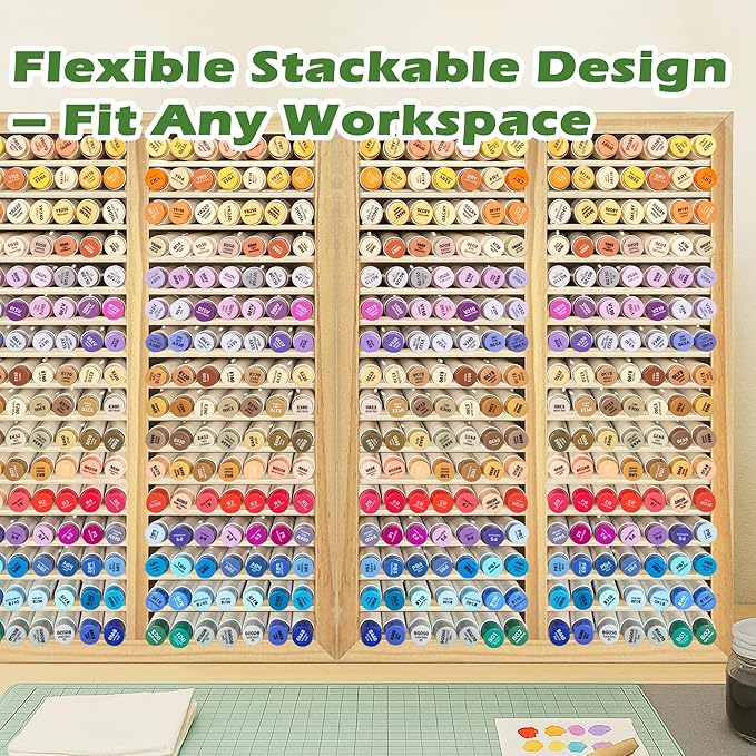 PROLEE Marker Storage Organizer for 224 Markers,Wooden Alcohol Marker Holder with 32 Slots,Markers Pens Pencils Art Supply Storage Rack for Desk Home Classroom Office Decor (Natural, 15“x11”x5.2 “)