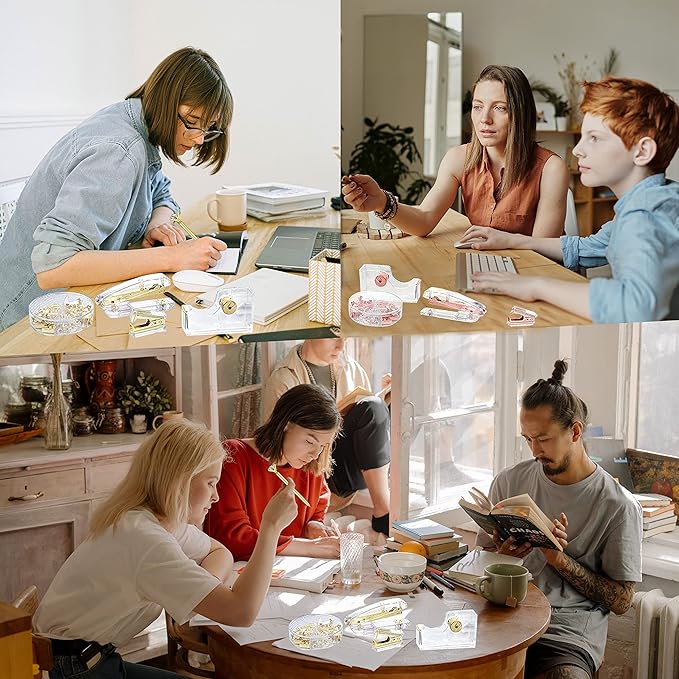 Gold Desk Accessories, Acrylic Stapler, Staple Remover, Tape Holder, Pen Holder, Ballpoint Pen, Scissor, Binder Clips, 1000pcs Staples, Phone Holder, Ruler, Transparent Glue and 300 Notes