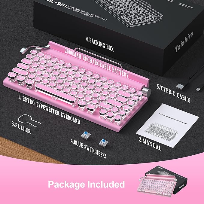 Retro Typewriter Wireless Mechanical Gaming Keyboard, Bluetooth 5.0 Office Computer Vintage Keyboards 83-Key Blue Switches Punk Round Keycap, LED Backlight, Compatible with PC/Laptop/Pad/Phone, Pink