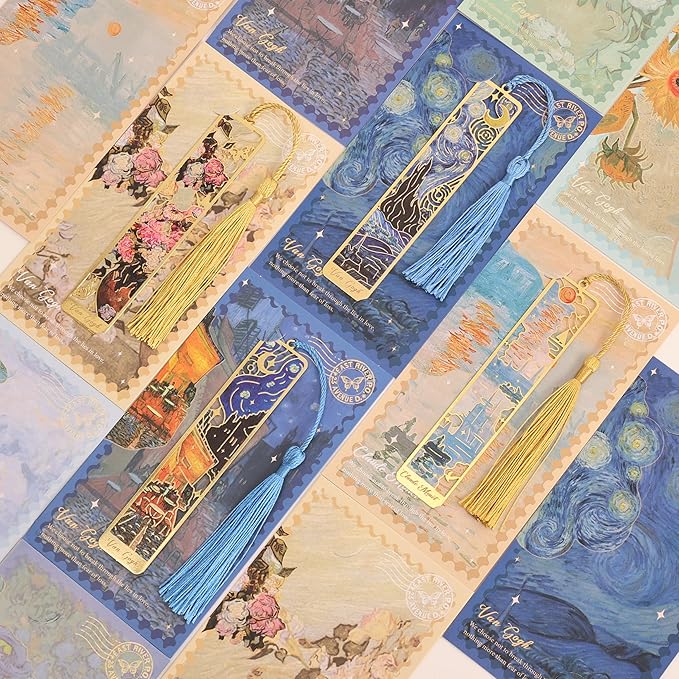 4 Pieces Metal Bookmarks with Tassel, Golden Hollow Bookmark Monet Oil Painting Theme Book Mark Bookmarks for Book Lovers Writers Readers Children Teens for Women Adults