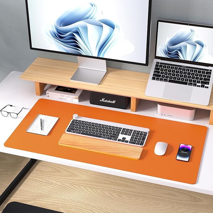 Aothia Leather Desk Pad Protector, Mouse Pad, Office Desk Mat, Non-Slip PU Leather Desk Blotter, Laptop Desk Pad, Waterproof Desk Writing Pad for Office and Home (23.6" x 13.7", Hermes Orange)
