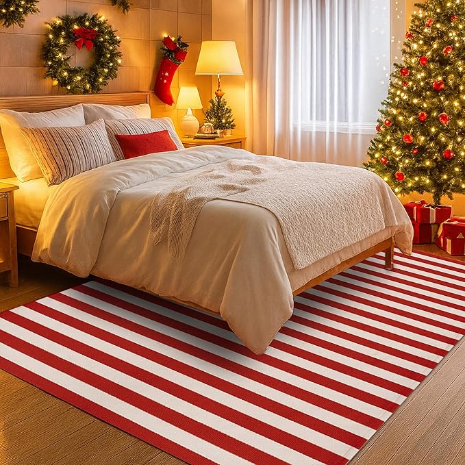 Christmas Red & White Striped Rug - 3' x 5' Outdoor Front Door Decor Mat Cotton Washable Hand-Woven Rug Christmas New Year Holiday Porch Entryway Layered Doormat