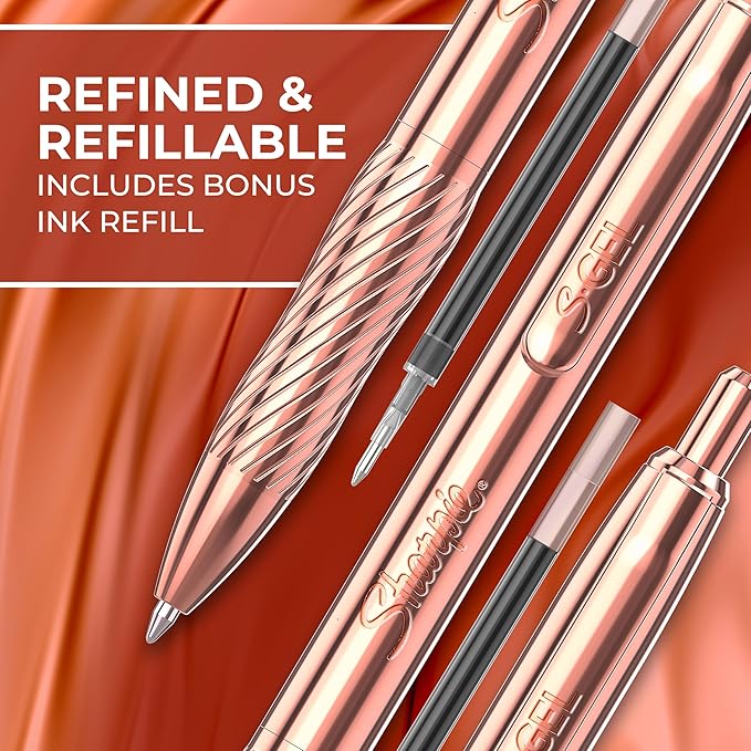 Sharpie S-Gel Gel Pen, Copper Metal Body, Medium Point (0.7mm), Black Ink, Includes 1 Pen and 1 Additional Ink Refill