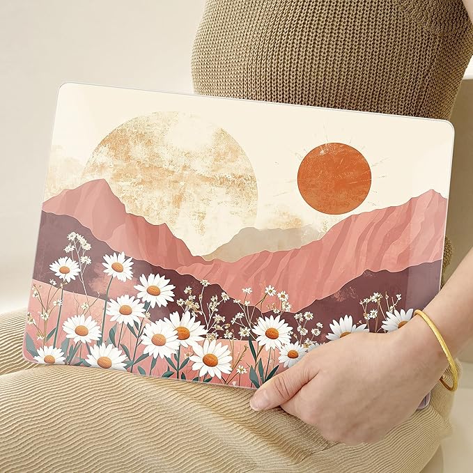 TWOLSKOO Compatible with MacBook Pro 13 inch Case 2023-2016 A2338 M2/M1 A2251 A2289 A2159 A1989 A1706, Plastic Hard Shell Cover & Keyboard Skin & Screen Protector, Mountains & Daisies