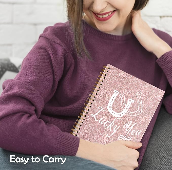 Lucky You Notebook, Preppy Aesthetic Journal, Preppy Pink Girly Cute Journals for Women, Sparkle Rose Gold Glitter Spiral Notebooks 5.5x8.3 Inch